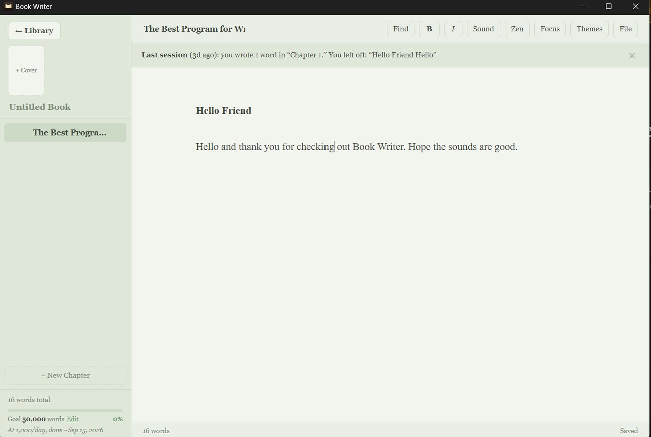 Book Writer editor with chapter sidebar and soft green theme