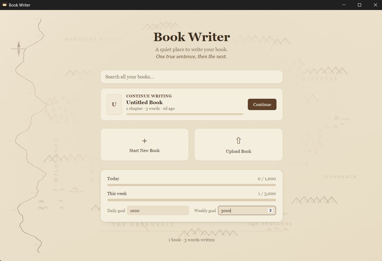 Book Writer library screen with writing goals over a hand-drawn map